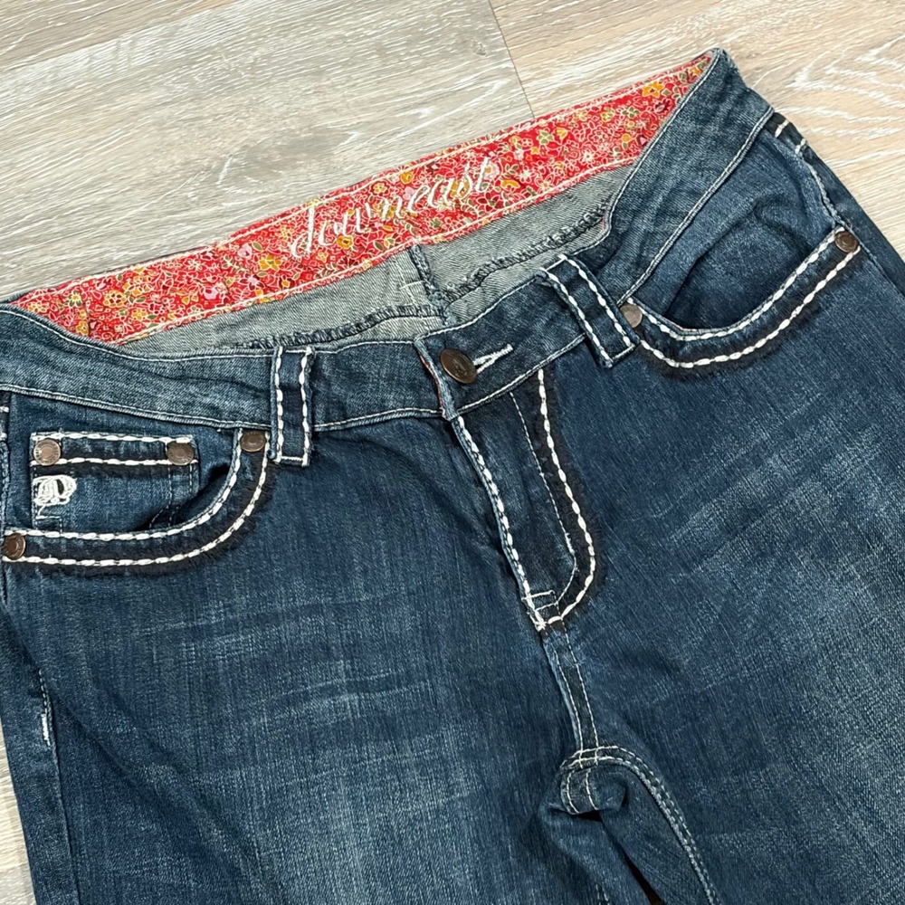 DownEast Womens Dark Wash Thick Stitch Straight Leg Jeans Size 10 Floral Waistbd